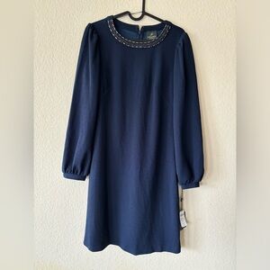 Adrianna Papell NWT Embroidered Beaded Round Neck Zipped‎ Dress Navy Size 4